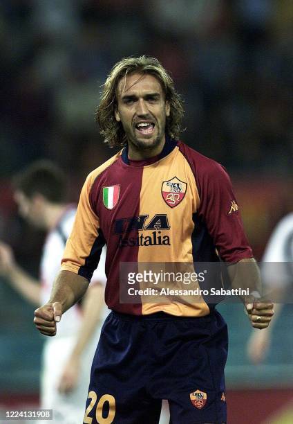 Gabriel Batistuta of AS Roma celebrates after scoring the goal during the Serie A 2001-02, Italy.
