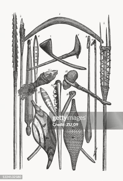 weapons of the australian aborigines, wood engraving, published in 1893 - australian aboriginal culture stock illustrations