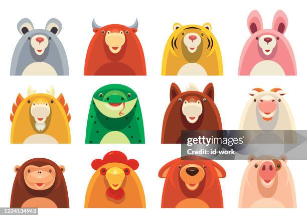 12 chinese zodiac icons - cartoon dog clipart stock illustrations
