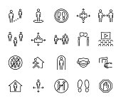 Vector set of social distance line icons. Contains icons safe distance, self-isolation, avoiding crowds, stay home, talking at a distance, safe workplace, and more. Pixel perfect.