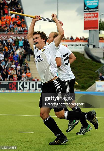 Oliver Korn of Germany celebrates after scoring his teams fourth goal during the EuroHockey 2011 final match between Netherlands and Germany at...