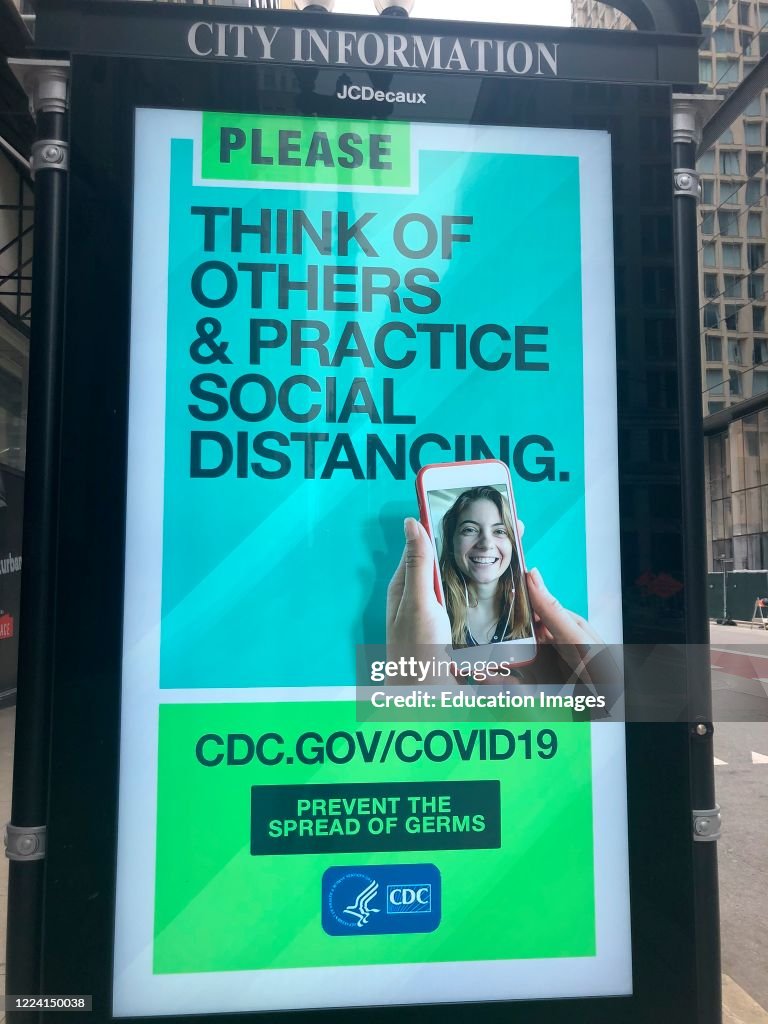 CDC information sign, practice social distancing during Coronavirus Pandemic, Chicago, Illinois