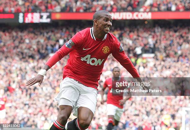 Ashley Young of Manchester United celebrates scoring their second goal during the Barclays Premier League match between Manchester United and Arsenal...