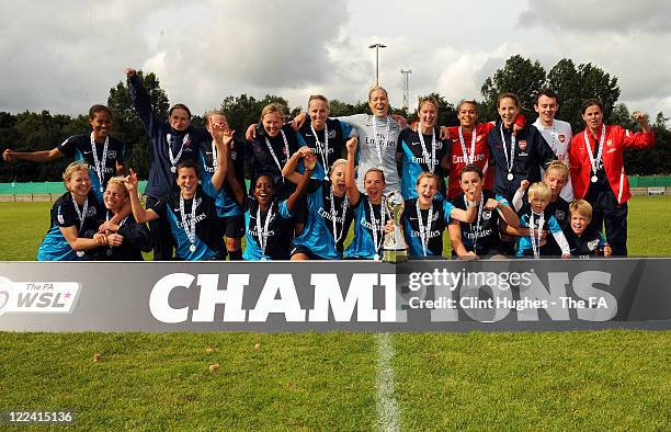 The Arsenal Ladies team celebrate after they win the WSL trophy during the FA WSL match between Liverpool Ladies FC and Arsenal Ladies FC at the...