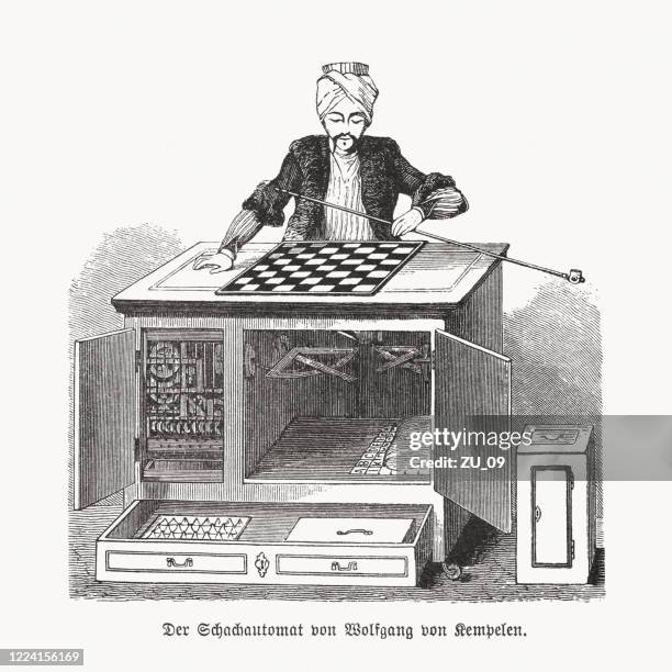 automatonschachspieler von wolfgang von kempelen, holzschnitt, erschienen 1893 - ungarische kultur stock-grafiken, -clipart, -cartoons und -symbole