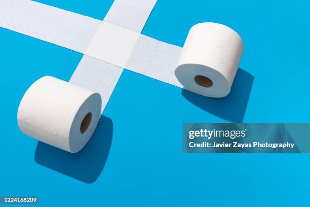 two toilet rolls on blue background - ハンカチ　無人 ストックフォトと画像