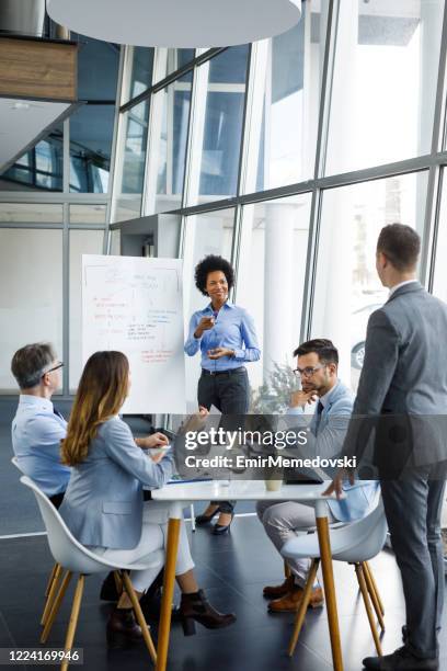 empresaria de mediana edad que tiene una sesión de lluvia de ideas con un colega en una oficina moderna - woman whiteboard fotografías e imágenes de stock