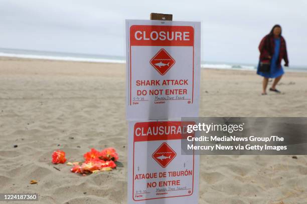 Closure sign is photographed at Manresa State Beach on Sunday, May 10 in Santa Cruz County. Ben Kelly was killed by a shark in the water off the...