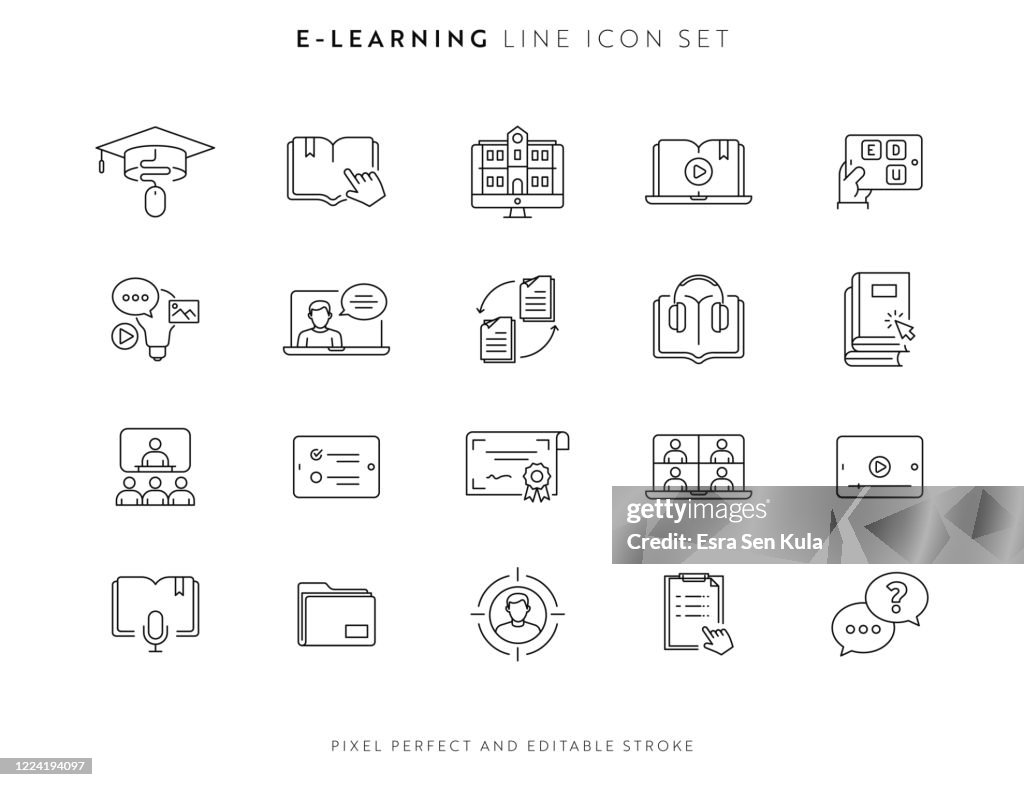 E-Learning y Cursos Icono Conjunto con Trazo Editable y Píxel Perfecto.