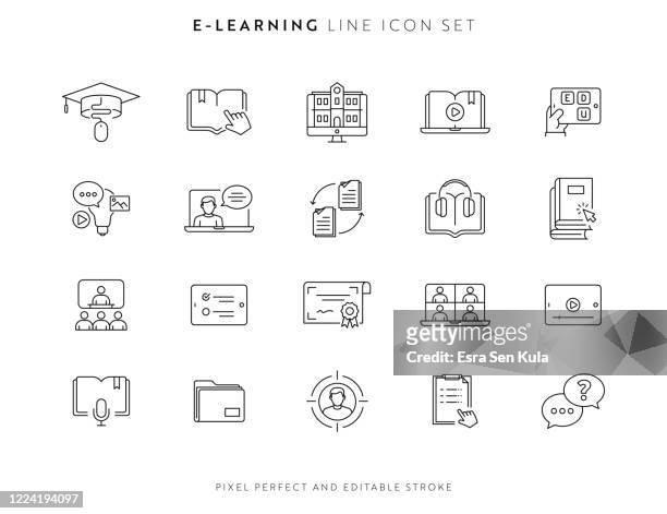 stockillustraties, clipart, cartoons en iconen met pictogramset e-learning en cursussen met bewerkbare slag en pixel perfect. - uitwisselen