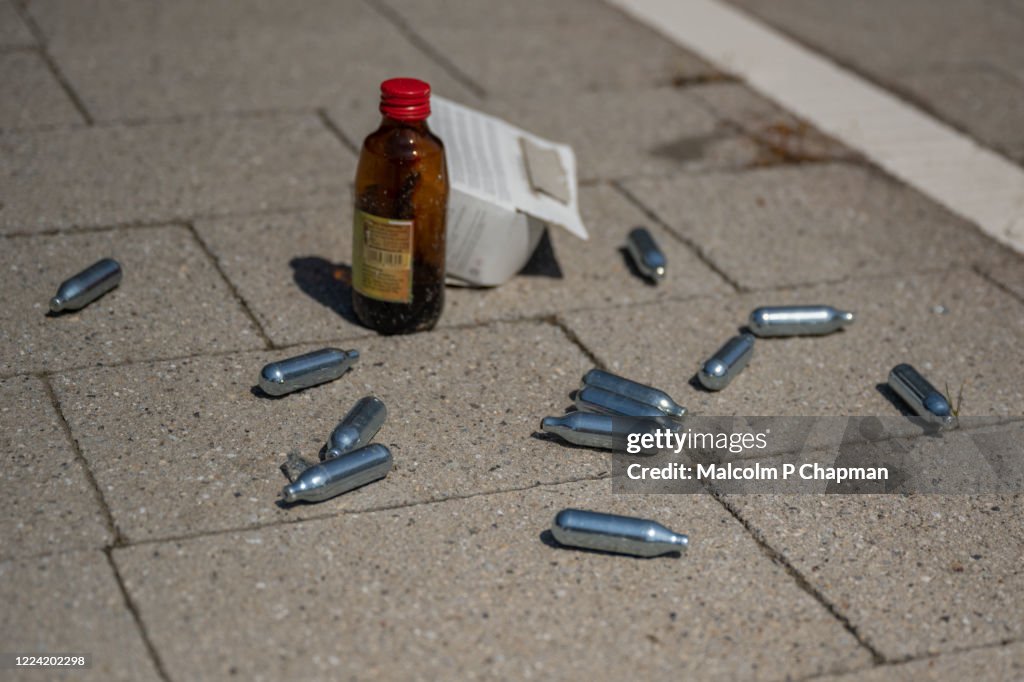 Nitrous Oxide N2O Canisters litter London streets after being used as a recreational drug