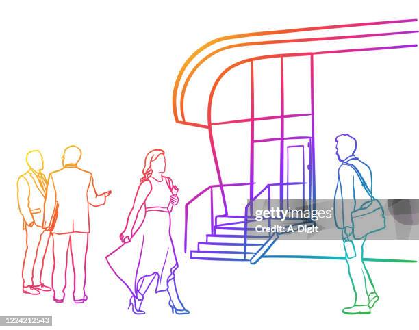 stockillustraties, clipart, cartoons en iconen met zakenmensen in openlucht regenboog - entrance building people