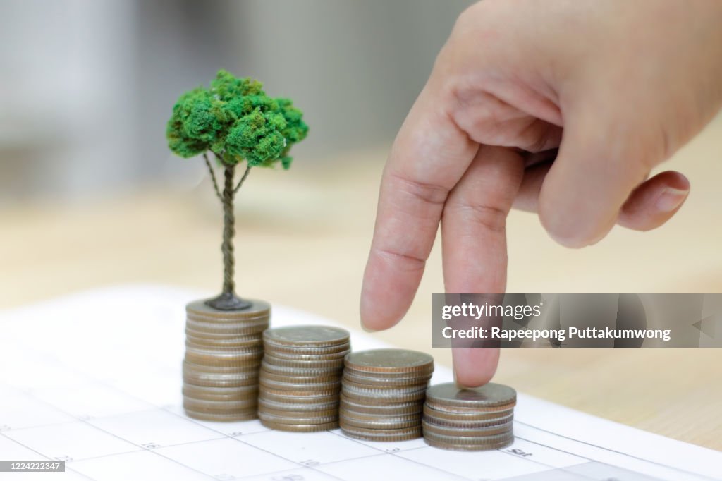 Fingers walking up on coins stack and the tree are grow up on coins stack. Concept of finance and investing.