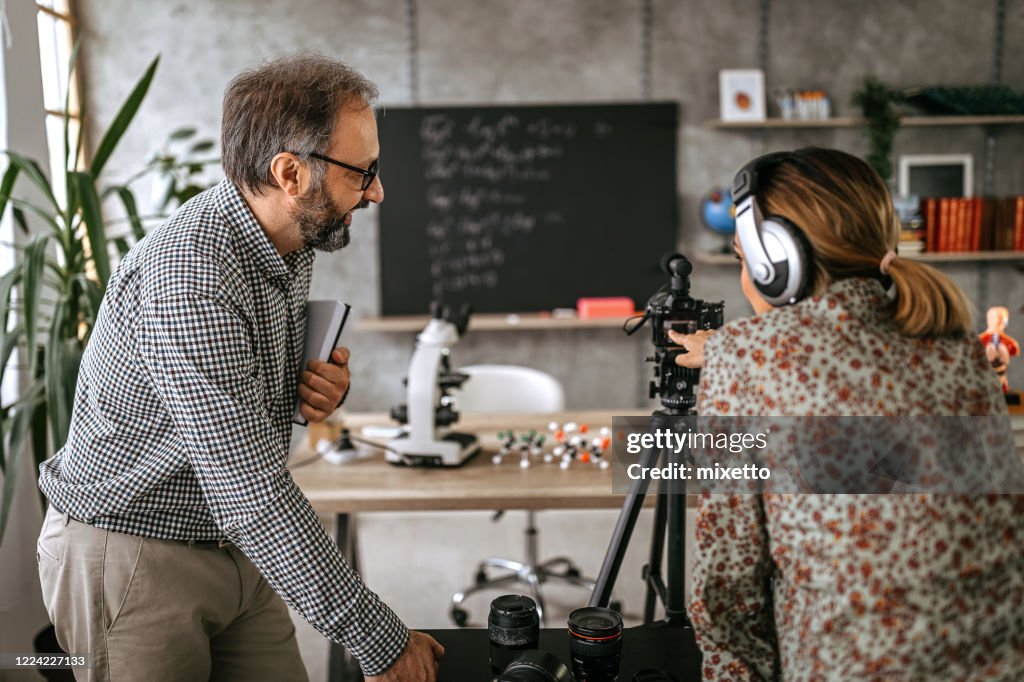 Video Professor Photographer Recording Educational Video Of Professor For Vlog On ...
