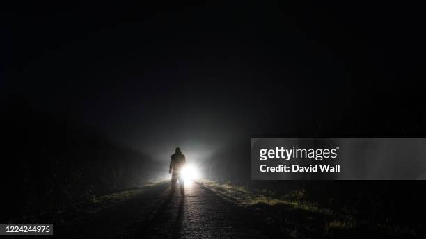 a mysterious man silhouetted against car headlights on a country road on a misty winters night - gangster stock pictures, royalty-free photos & images