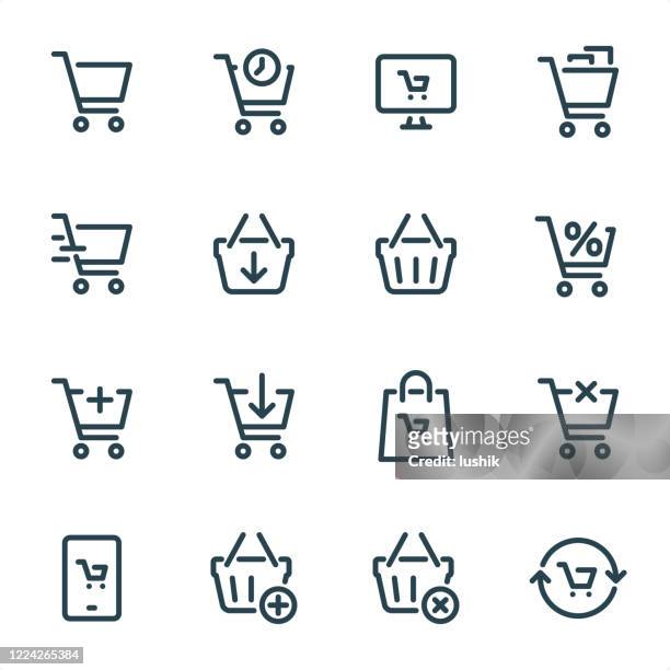 ilustrações, clipart, desenhos animados e ícones de carrinho de compras - ícones da linha pixel perfect unicolor - cesta de compras