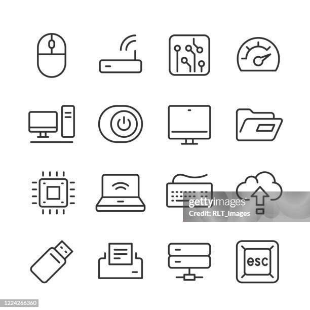 stockillustraties, clipart, cartoons en iconen met computer technology icons — monoline series - computervectorbestanden