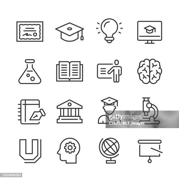 stockillustraties, clipart, cartoons en iconen met pictogrammen voor hoger onderwijs — monoline-serie - higher school certificate