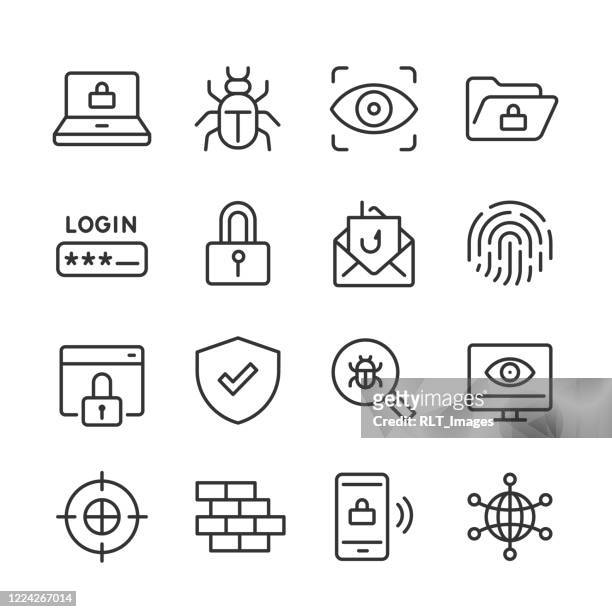ilustrações, clipart, desenhos animados e ícones de ícones de segurança cibernética — série monolinha - vírus informático