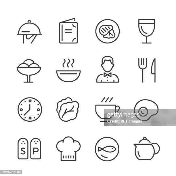 ilustraciones, imágenes clip art, dibujos animados e iconos de stock de iconos de restaurantes y restaurantes — serie monoline - camarero