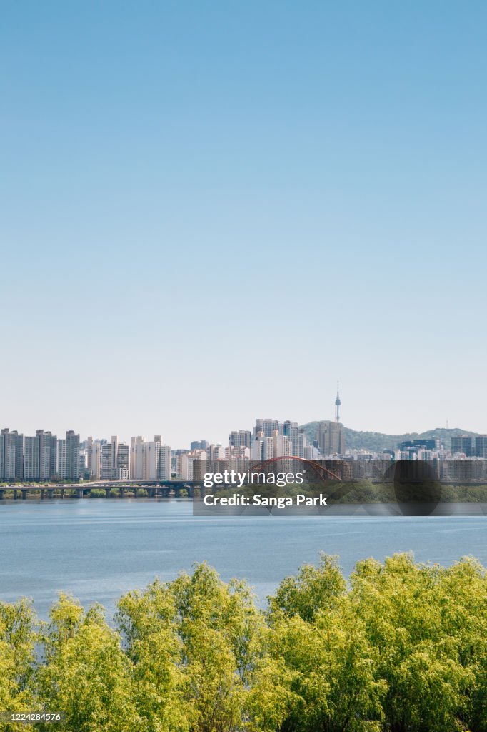 Modern apartment buildings and Han river park in Seoul, Korea