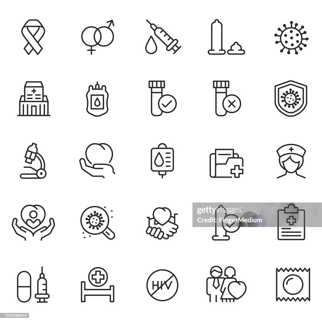 Hiv and aids line icon set