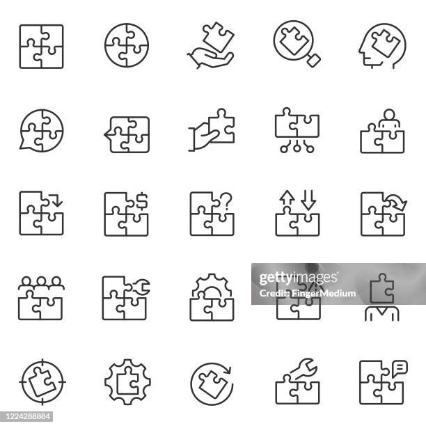 ilustraciones, imágenes clip art, dibujos animados e iconos de stock de conjunto de iconos de rompecabezas - montar