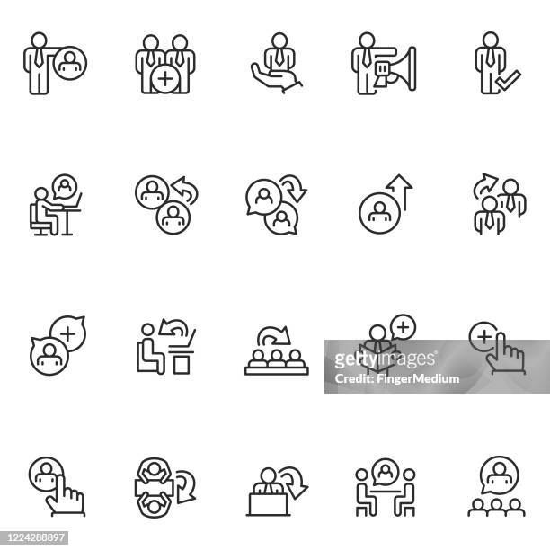 refer a friend line icon set - referral marketing stock illustrations