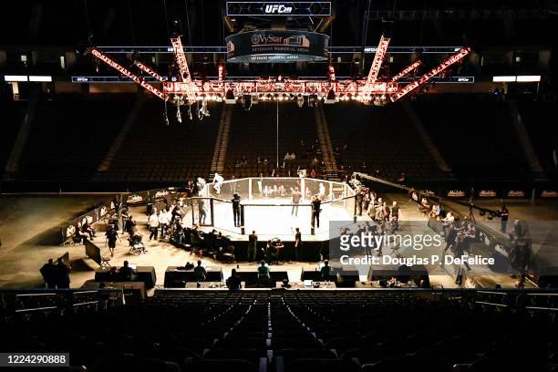General view of the stadium as Justin Gaethje of the United States climbs the cage after defeating Tony Ferguson of the United States in the Interim...