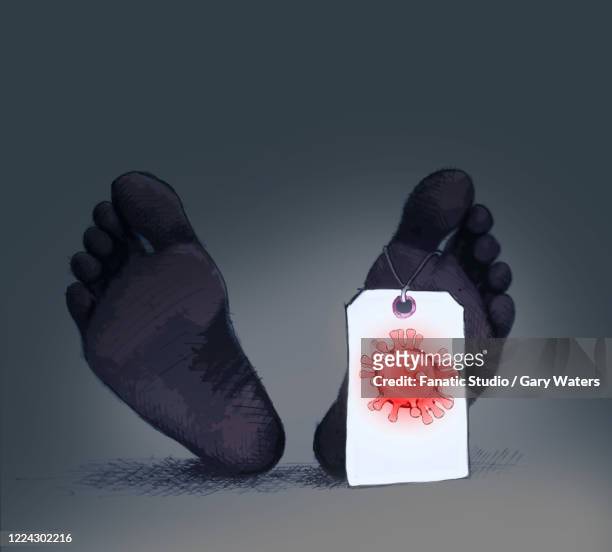 stockillustraties, clipart, cartoons en iconen met feet of a dead body with a tag on the toe that shows cause of death as covid 19 - toe