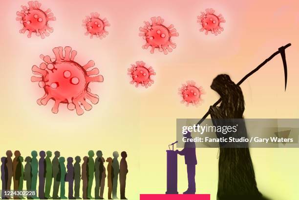 politician talking to a group of people with death standing behind him against a background of coronavirus - coronavirus uk stock illustrations