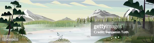 lakeside forest in the mountains - lake logo stock illustrations