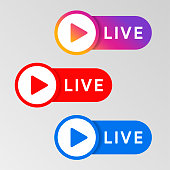 Social media live badge. Instagram, youtube, facebook style sticker. Streaming and broadcasting icon. Red. blue and purple color sign set. Vlog airing sticker. Vector illustration.