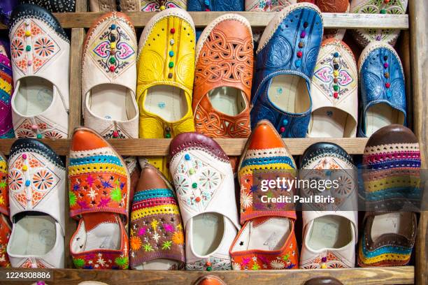 colorful assortment of babouches, morocco - rabat shoes stock pictures, royalty-free photos & images