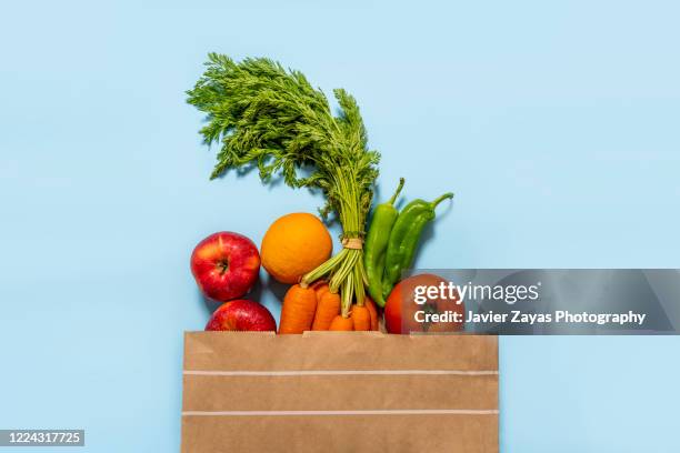 paper bag full of fruits and vegetables - bolsa de papel fotografías e imágenes de stock