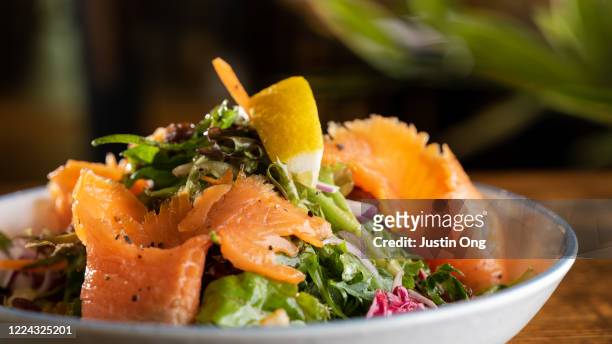 fresh vegetable salad with smoked salmon - rökt lax bildbanksfoton och bilder