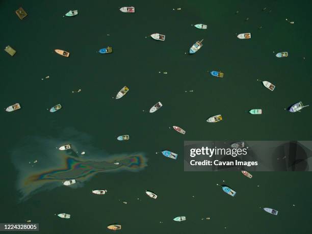 lobster boats in a maine harbor from above - northern maine stock pictures, royalty-free photos & images