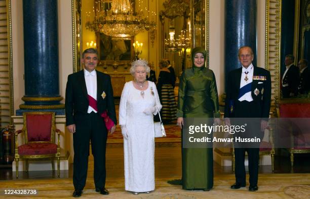 Queen Elizabeth II and Prince Philip, Duke of Edinburgh attend a State Banquet for the President of Turkey Abdullah Gul and his wife Hayrunnisa at...