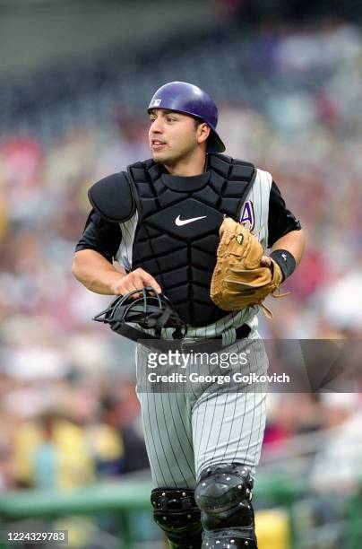 Catcher Rod Barajas of the Arizona Diamondbacks looks on from the field during a game against the Pittsburgh Pirates at PNC Park in 2003 in...