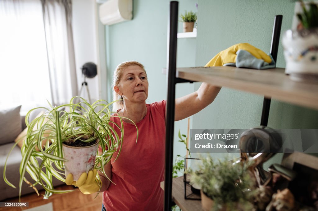 Woman wiping dust from furniture