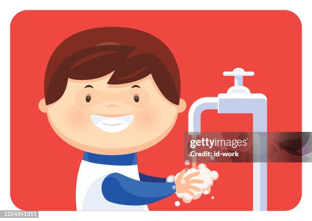 happy little boy washing hands - hand washing cartoon stock illustrations