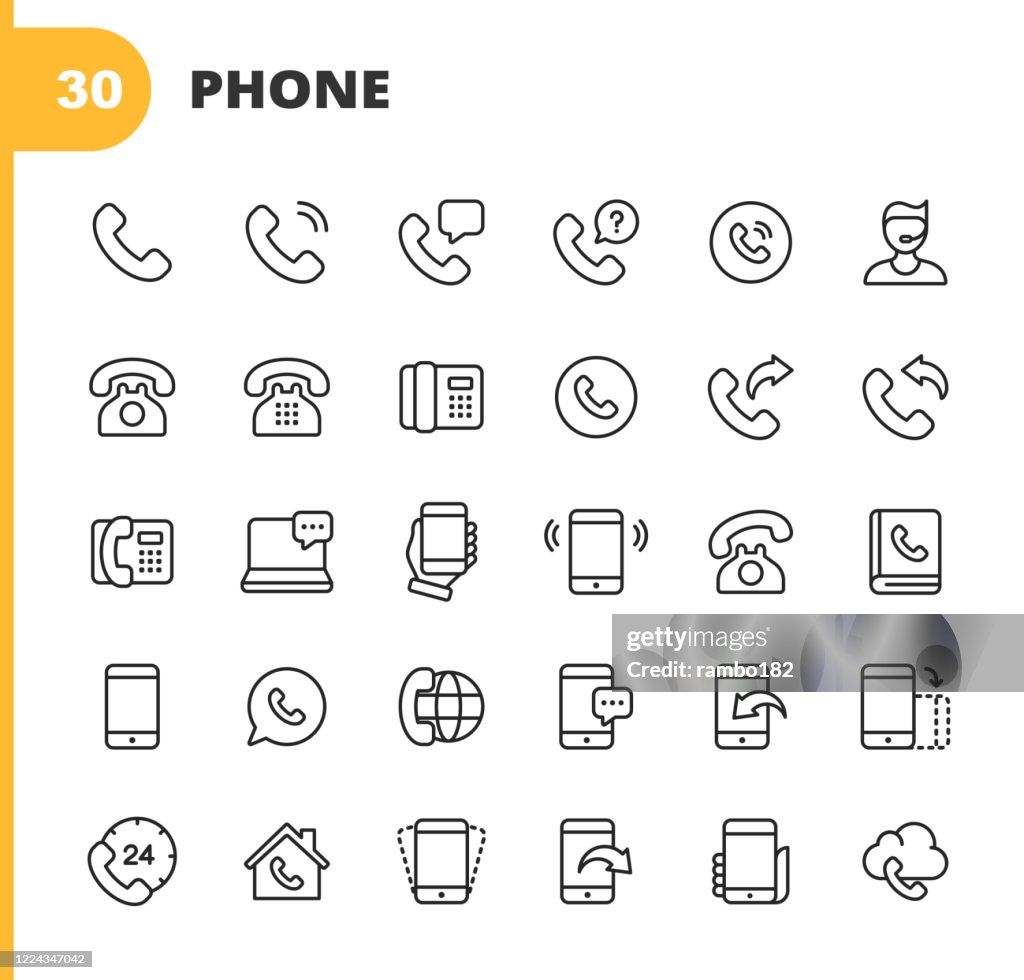 Telefoon- en communicatielijnpictogrammen. Bewerkbare slag. Pixel Perfect. Voor mobiel en web. Bevat pictogrammen zoals telefoon, ondersteuning, smartphone, digitaal scherm, communicatie, global business, telefoon, digitaal scherm, werk op afstand, adresbo
