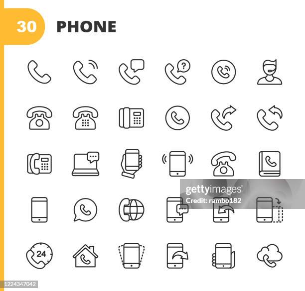 ilustrações, clipart, desenhos animados e ícones de ícones da linha telefônica e de comunicação. curso editável. pixel perfeito. para mobile e web. contém ícones como telefone, suporte, smartphone, display digital, comunicação, negócios globais, telefone, tela digital, trabalho remoto, catálogo d - telefone