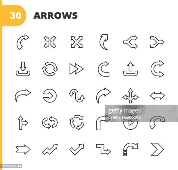 arrow line icons. editable stroke. pixel perfect. for mobile and web. contains such icons as direction, arrow, traffic sign, downloading, uploading, play, start, navigation, user interface design, flow chart, aiming, speed. - traffic arrow sign stock illustrations