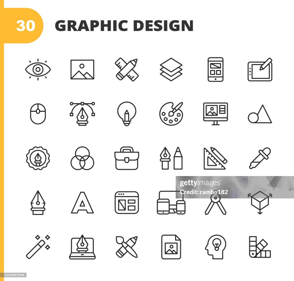 Graphic Design and Creativity Line Icons. Editable Stroke. Pixel Perfect. For Mobile and Web. Contains such icons as Creativity, Layout, Mobile App Design, Art Tools, Drawing Tablet, Typography, Colour Palette, Pencil, Ruler, Vector, Shape, Logo Design.