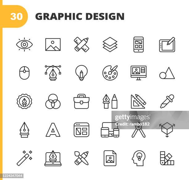bildbanksillustrationer, clip art samt tecknat material och ikoner med grafisk design och kreativitet line ikoner. redigerbar linje. pixel perfekt. för mobil och webb. innehåller ikoner som kreativitet, layout, mobilappdesign, konstverktyg, ritplatta, typografi, färgpalett, penna, linjal, vektor, form, logotypdesign. - creativity