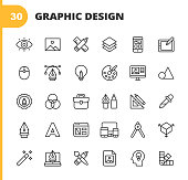 Graphic Design and Creativity Line Icons. Editable Stroke. Pixel Perfect. For Mobile and Web. Contains such icons as Creativity, Layout, Mobile App Design, Art Tools, Drawing Tablet, Typography, Colour Palette, Pencil, Ruler, Vector, Shape, Logo Design.
