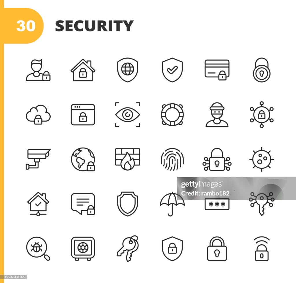 Sicherheitsliniensymbole. Bearbeitbarer Strich. Pixel perfekt. Für Mobile und Web. Enthält Symbole wie Sicherheit, Schild, Versicherung, Vorhängeschloss, Computernetzwerk, Support, Schlüssel, Safe, Bug, Cybersecurity, Virus, Remote Work, Support, Dieb,