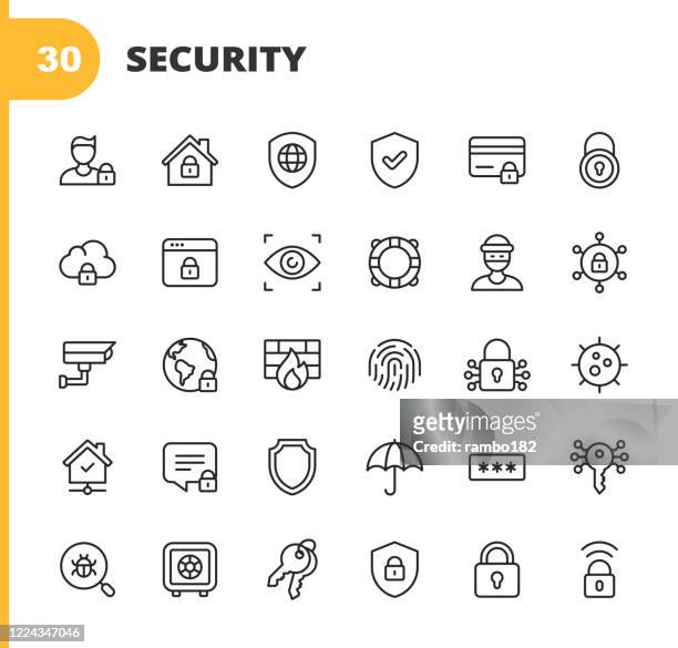 security line icons. editable stroke. pixel perfect. for mobile and web. contains such icons as security, shield, insurance, padlock, computer network, support, keys, safe, bug, cybersecurity, virus, remote work, support, thief, insurance. - security stock illustrations