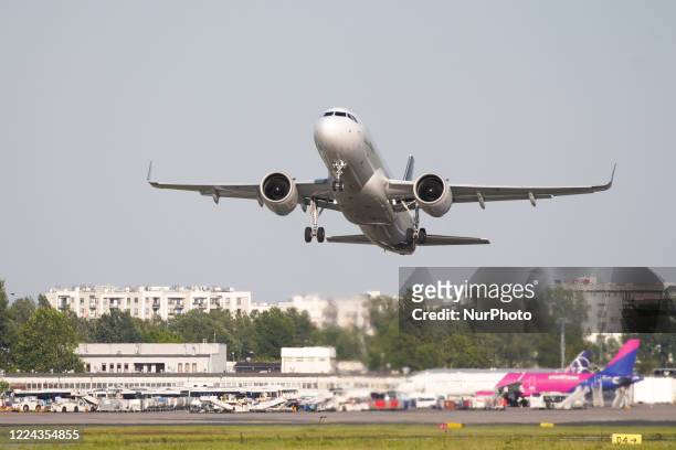 Lufthansa Airbus A320 is seen taking off at Chopin International Airport on July 1, 2020 in Warsaw, Poland. Poland has extended the list of flights...